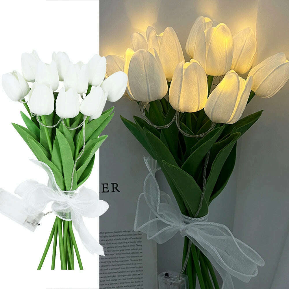 10/15Heads 13inch Led Glowing Artificial Tulip Flower Bouquet Decorations for Home/Office/Garden Fake Flower with Lights Battrty - KIMLUD