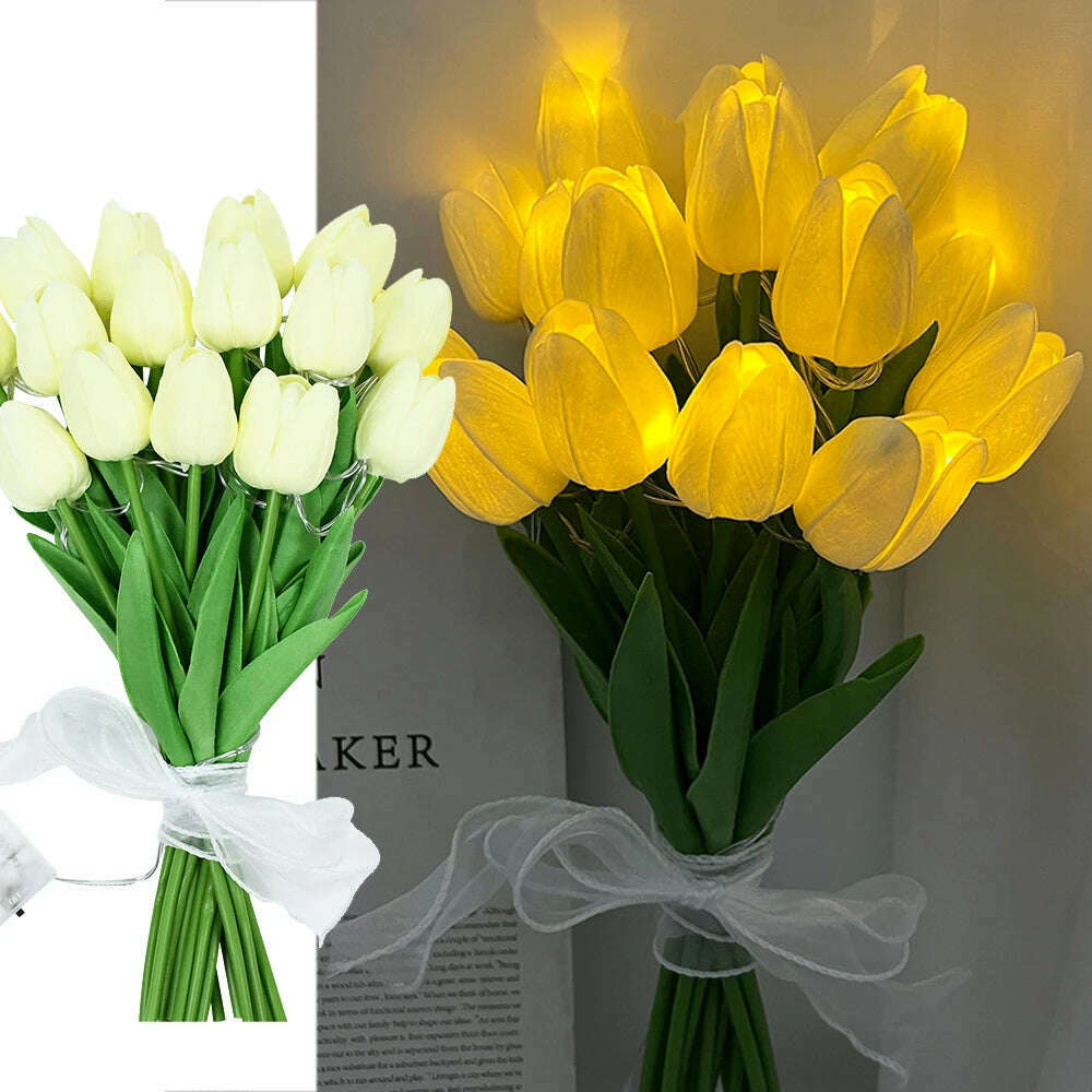 10/15Heads 13inch Led Glowing Artificial Tulip Flower Bouquet Decorations for Home/Office/Garden Fake Flower with Lights Battrty - KIMLUD