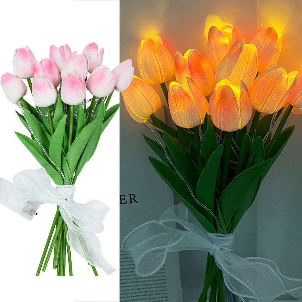 10/15Heads 13inch Led Glowing Artificial Tulip Flower Bouquet Decorations for Home/Office/Garden Fake Flower with Lights Battrty - KIMLUD