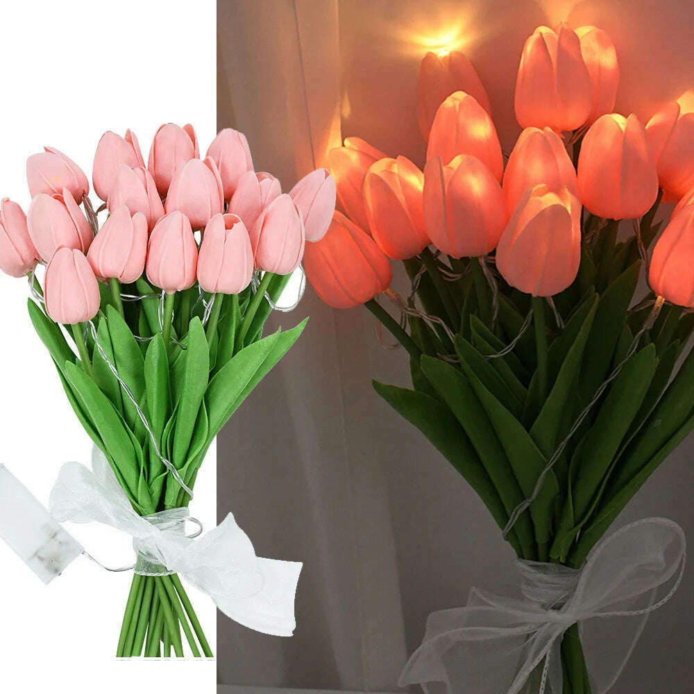 10/15Heads 13inch Led Glowing Artificial Tulip Flower Bouquet Decorations for Home/Office/Garden Fake Flower with Lights Battrty - KIMLUD