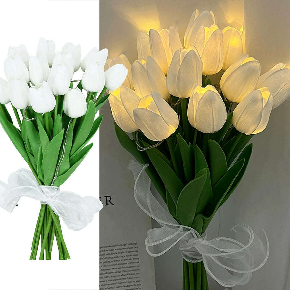 10/15Heads 13inch Led Glowing Artificial Tulip Flower Bouquet Decorations for Home/Office/Garden Fake Flower with Lights Battrty - KIMLUD