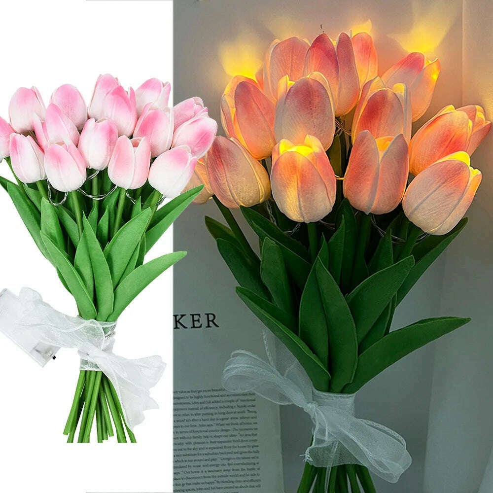 10/15Heads 13inch Led Glowing Artificial Tulip Flower Bouquet Decorations for Home/Office/Garden Fake Flower with Lights Battrty - KIMLUD