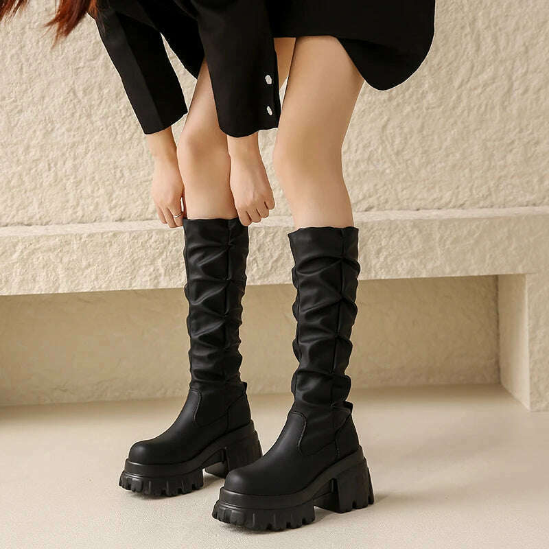 KIMLUD, 10CM Heels Pleated Leather Knee High Boots Women Fashion 2023 Winter Autumn Warm Plush Thick Sole Sneakers Motorcycle Long Boots, KIMLUD Women's Clothes