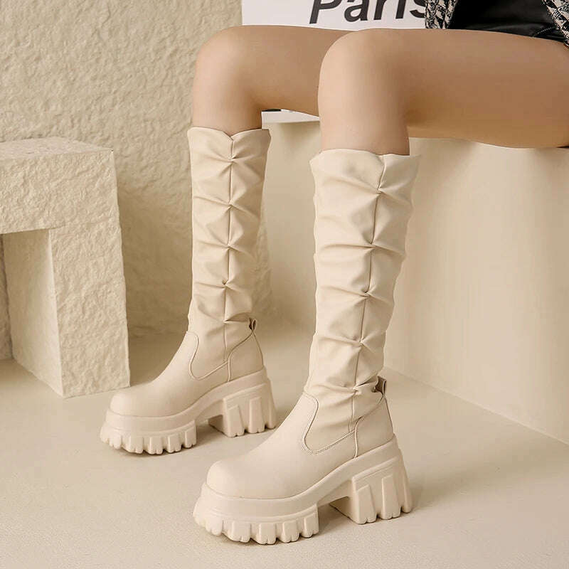 KIMLUD, 10CM Heels Pleated Leather Knee High Boots Women Fashion 2023 Winter Autumn Warm Plush Thick Sole Sneakers Motorcycle Long Boots, KIMLUD Women's Clothes