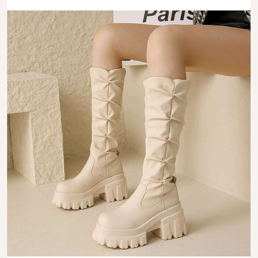 KIMLUD, 10CM Heels Pleated Leather Knee High Boots Women Fashion 2023 Winter Autumn Warm Plush Thick Sole Sneakers Motorcycle Long Boots, KIMLUD Women's Clothes