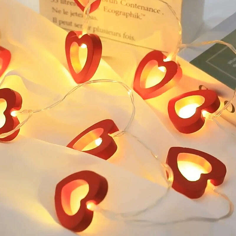 10pcs Valentine's Day Wooden Heart String Lights Fairy Light Hanging Lamp Valentines Wedding Birthday party room Decoration - KIMLUD