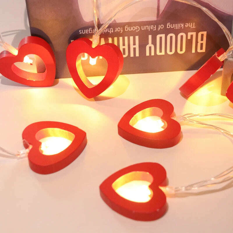 KIMLUD, 10pcs Valentine's Day Wooden Heart String Lights Fairy Light Hanging Lamp Valentines Wedding Birthday party room Decoration, KIMLUD Women's Clothes
