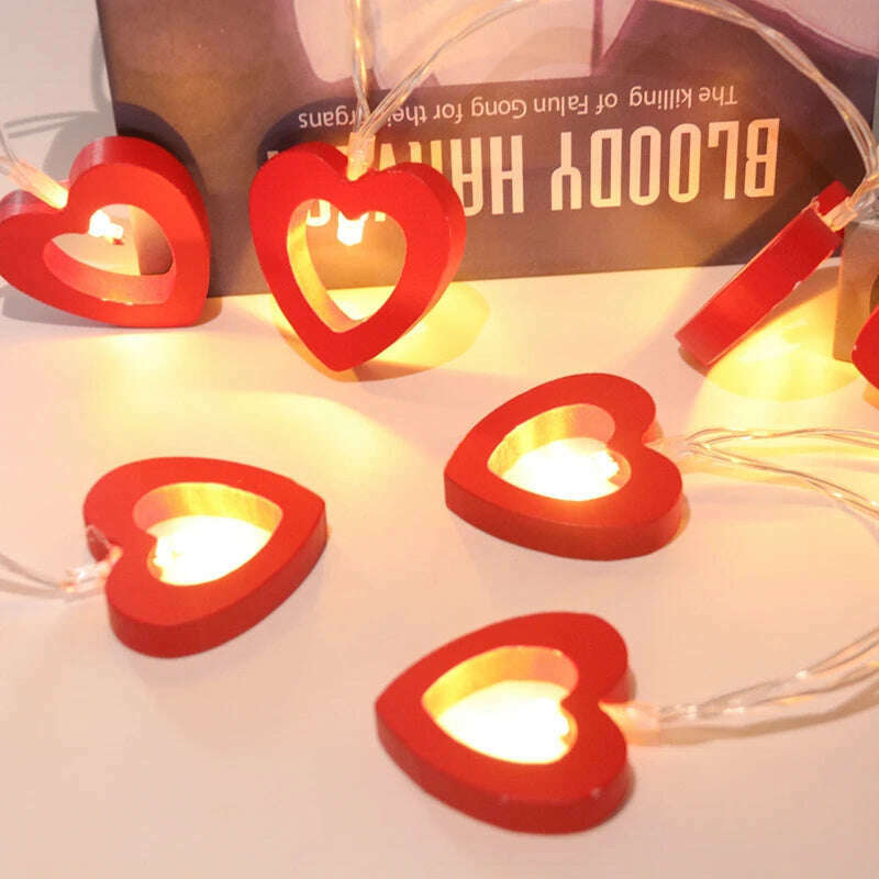 10pcs Valentine's Day Wooden Heart String Lights Fairy Light Hanging Lamp Valentines Wedding Birthday party room Decoration - KIMLUD