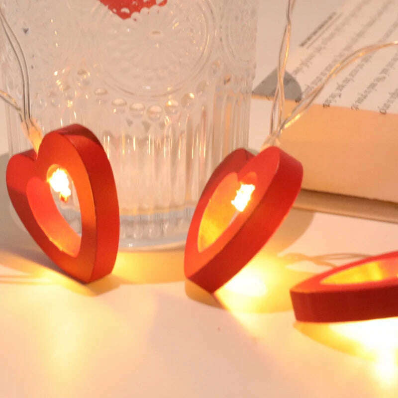 10pcs Valentine's Day Wooden Heart String Lights Fairy Light Hanging Lamp Valentines Wedding Birthday party room Decoration - KIMLUD