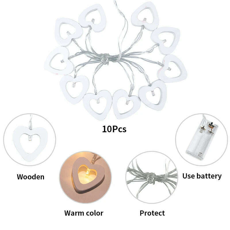 10pcs Valentine's Day Wooden Heart String Lights Fairy Light Hanging Lamp Valentines Wedding Birthday party room Decoration - KIMLUD