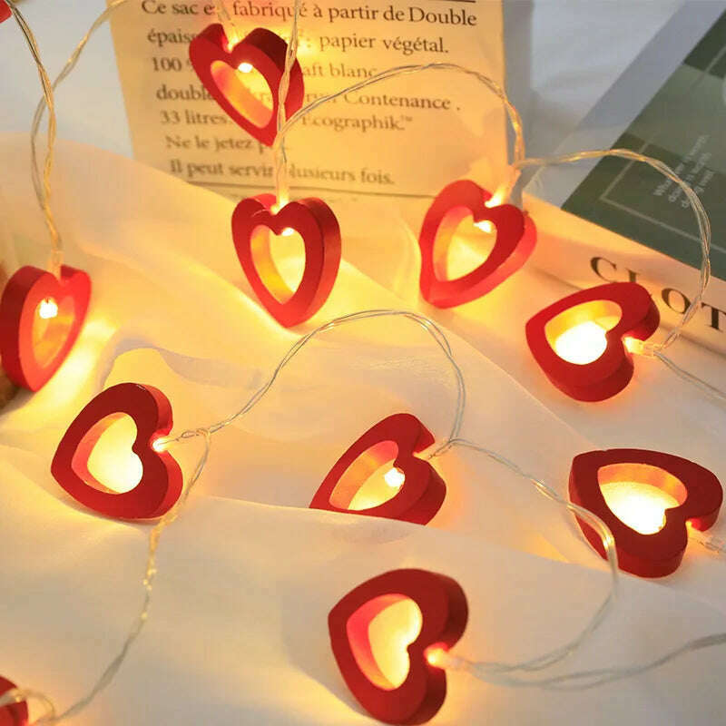 10pcs Valentine's Day Wooden Heart String Lights Fairy Light Hanging Lamp Valentines Wedding Birthday party room Decoration - KIMLUD