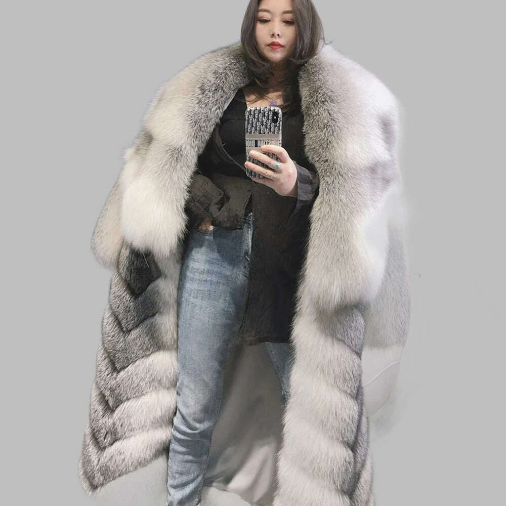 KIMLUD, 110cm Length Natural Fur Coat Genuine Fox Fur Diagonal Stripes Coats With Laper Collar 2023 Winter Fashion Luxurious Women Coat, KIMLUD Womens Clothes