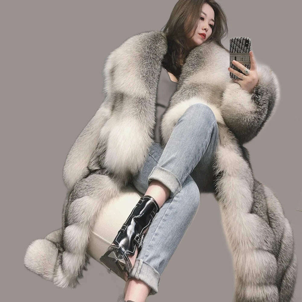 KIMLUD, 110cm Length Natural Fur Coat Genuine Fox Fur Diagonal Stripes Coats With Laper Collar 2023 Winter Fashion Luxurious Women Coat, KIMLUD Womens Clothes