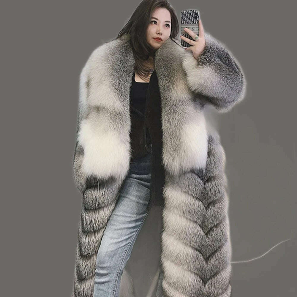 KIMLUD, 110cm Length Natural Fur Coat Genuine Fox Fur Diagonal Stripes Coats With Laper Collar 2023 Winter Fashion Luxurious Women Coat, KIMLUD Womens Clothes