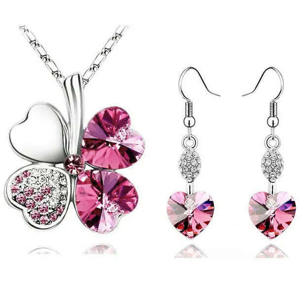 KIMLUD, 11.11 Sales Everyday Jewelry Set Lucky Silver Color Clovers Necklace Heart Austrian Crystal Earrings Fashion Necklace Set, KIMLUD Womens Clothes