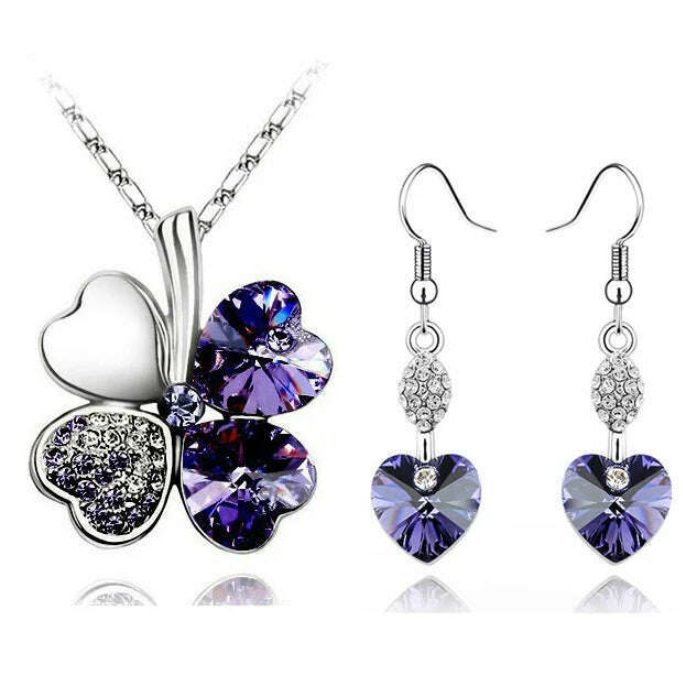 KIMLUD, 11.11 Sales Everyday Jewelry Set Lucky Silver Color Clovers Necklace Heart Austrian Crystal Earrings Fashion Necklace Set, KIMLUD Womens Clothes