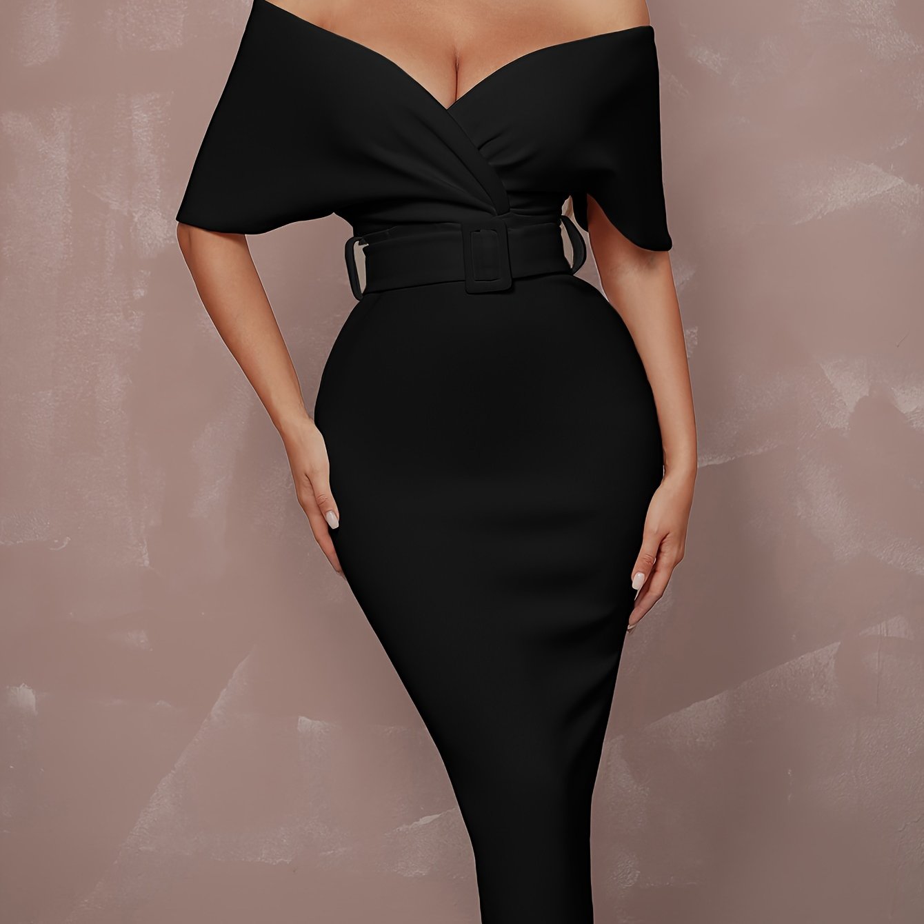 Stunning Off-The-Shoulder Bodycon Dress - V-Neck, Split Hem, Belted Waist, Elegant Design for Wedding Party, Formal Occasions - Women's Clothing, Body-Hugging Silhouette