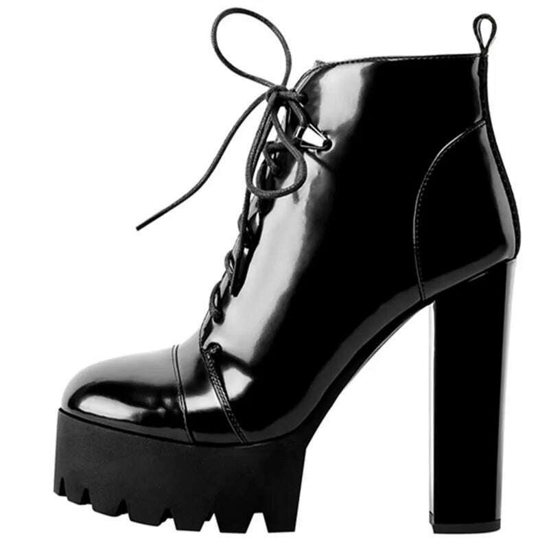 KIMLUD, 11.5Cm Super High Heels Women Boots Platform Cross-tied Chunky Heel Shoes for Famale Round Toe Solid Black Rome Motorcycle Boots, KIMLUD Womens Clothes