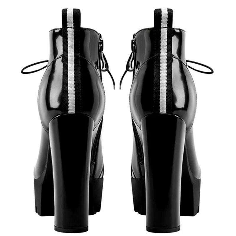 KIMLUD, 11.5Cm Super High Heels Women Boots Platform Cross-tied Chunky Heel Shoes for Famale Round Toe Solid Black Rome Motorcycle Boots, KIMLUD Womens Clothes