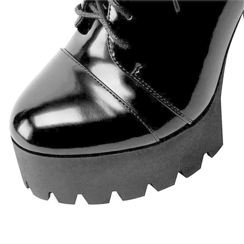 KIMLUD, 11.5Cm Super High Heels Women Boots Platform Cross-tied Chunky Heel Shoes for Famale Round Toe Solid Black Rome Motorcycle Boots, KIMLUD Womens Clothes