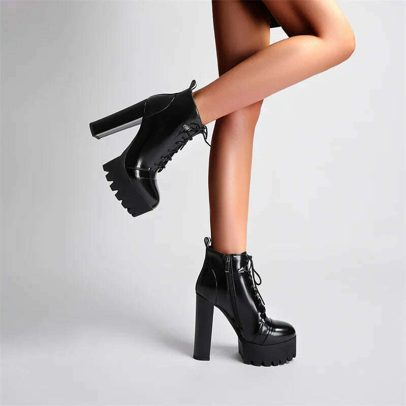 KIMLUD, 11.5Cm Super High Heels Women Boots Platform Cross-tied Chunky Heel Shoes for Famale Round Toe Solid Black Rome Motorcycle Boots, KIMLUD Womens Clothes