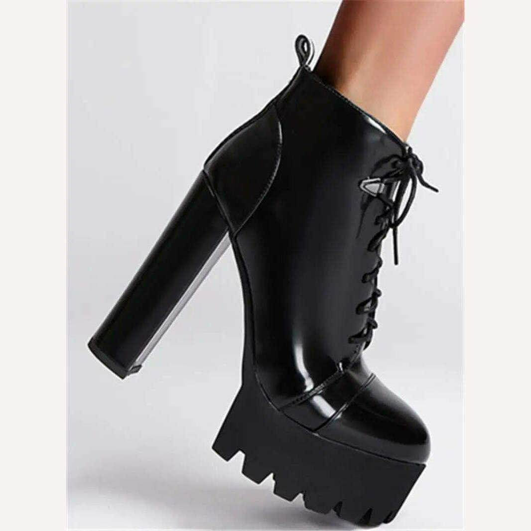 KIMLUD, 11.5Cm Super High Heels Women Boots Platform Cross-tied Chunky Heel Shoes for Famale Round Toe Solid Black Rome Motorcycle Boots, KIMLUD Womens Clothes