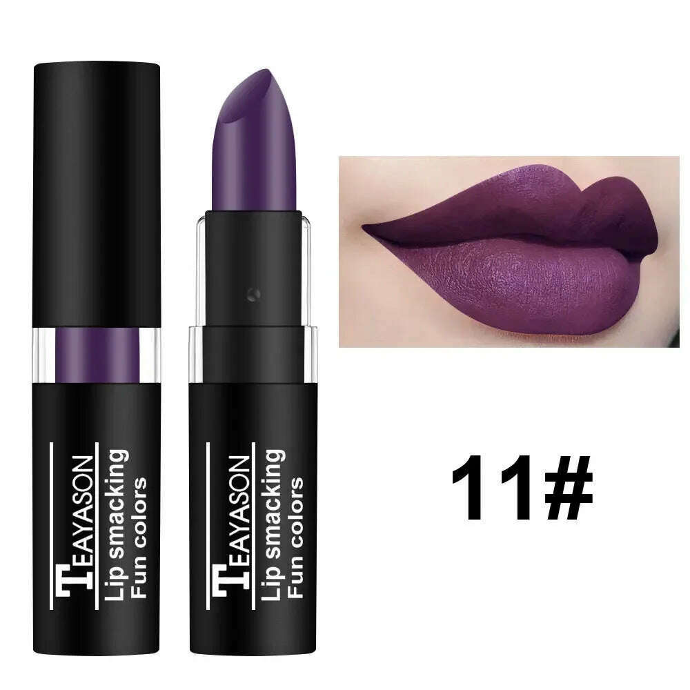 KIMLUD, 12 Colors Blue Black White Vampire Color Matte Lipstick Waterproof Retro Dark Color Lipsticks Holloween Party Makeup Cosmetics, 11, KIMLUD Women's Clothes