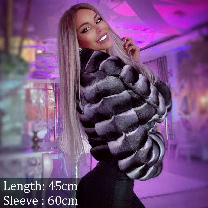 KIMLUD, 120cm Long Real Fur Coat for Women Winter New High Quality Chinchilla Color Genuine Rex Rabbit Fur Coats Outwear Luxury Woman, length 45cm / S Bust 88cm, KIMLUD APPAREL - Womens Clothes