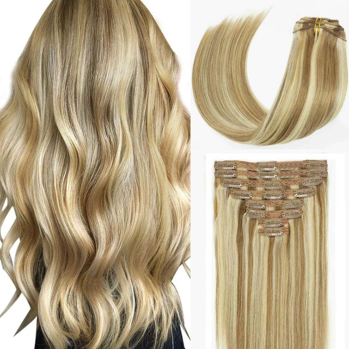 KIMLUD, 120G Clip In Hair Extension Human Hair Color P8/613 Straight Brazilian 100% Human Hair Extension Clip In 8 Pieces/Sets Full Head, P8-613 / 120g/Set / 16inches, KIMLUD Women's Clothes