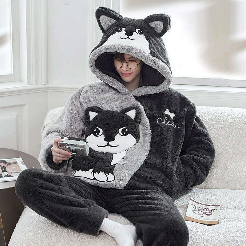 KIMLUD, 13 Style Warm Thick Flannel Plush Winter Couple Pajama Sets Long Sleeve Female Male Pyjamas Lover Clothing Sweet Cartoon Hoodies, KIMLUD Womens Clothes