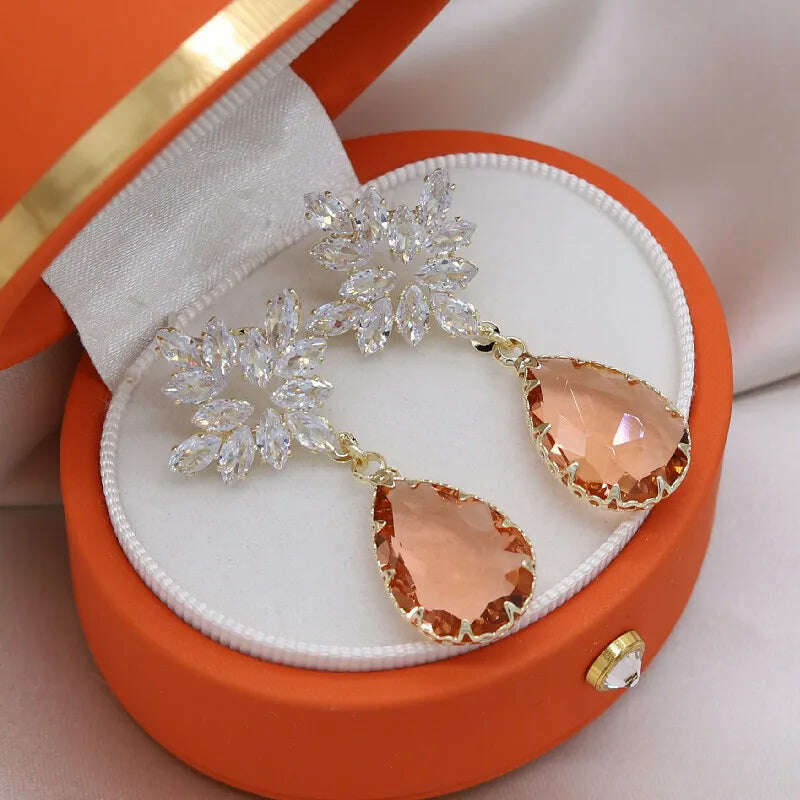 KIMLUD, 14K Gold Plating New Fashion Jewelry Luxury Zircon Champagne Crystal Water Drop Earrings Elegant Women Wedding Party Earring, White, KIMLUD Womens Clothes