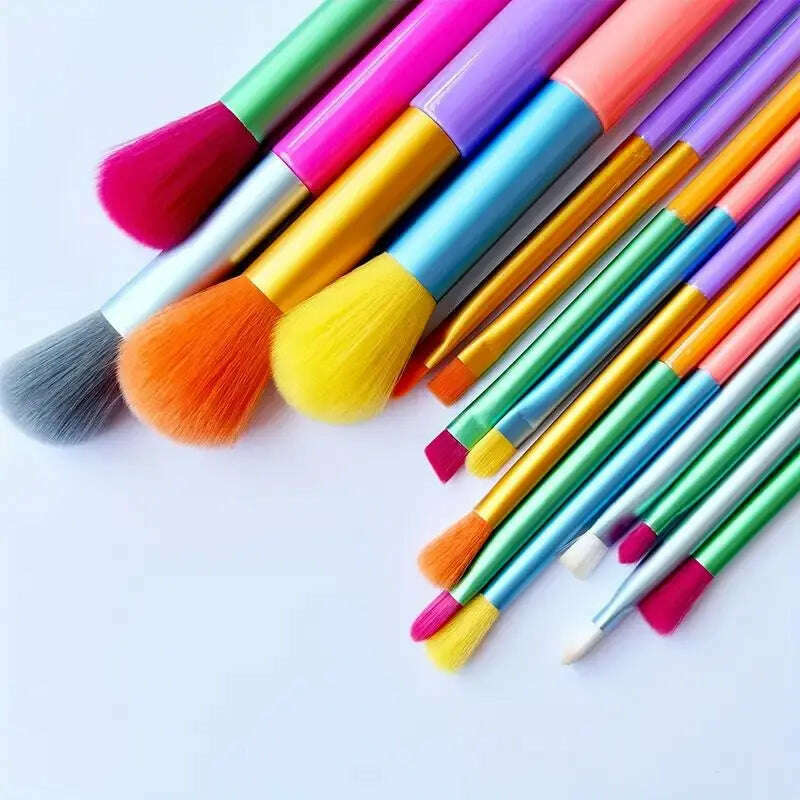 15 PCs Rainbow Color High Quality Makeup Brush Set - Perfect for Eyeshadow, Foundation, and Cosmetic Tools - KIMLUD