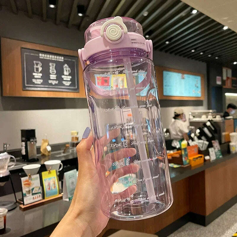 1.5/2Liter Sport Straw Water Bottle with Time Scale Plastic Summer Cold Juice Water Cup Large Capacity Portable Travel Bottles - KIMLUD