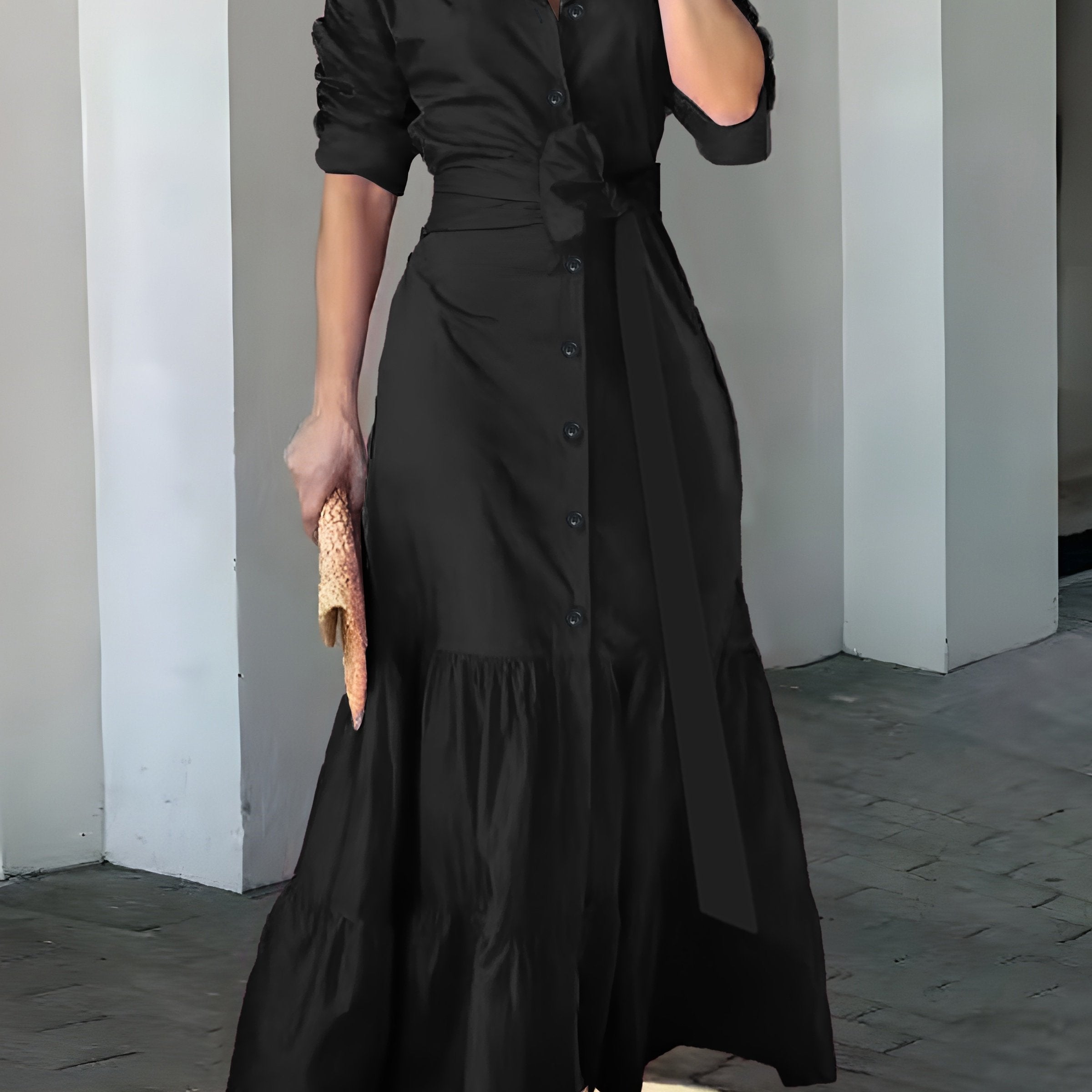 Stunning Ruffled Maxi Dress - Solid Button Front, Belted Waist, Elegant Ruched Sleeve, Flowy Design, Women's Clothing for Special Occasions
