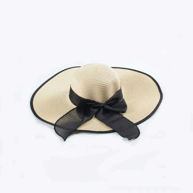 KIMLUD, 15CM Wide Brim Beach Straw Hats For Women Simple Foldable Summer Outing Sun Hat Fashion Flat Brom Bowknot Uv Protection Panama, KIMLUD Womens ClothesKIMLUD, 15CM Wide Brim Beach Straw Hats For Women Simple Foldable Summer Outing Sun Hat Fashion Flat Brom Bowknot Uv Protection Panama, Beige-Black, KIMLUD APPAREL - Womens Clothes