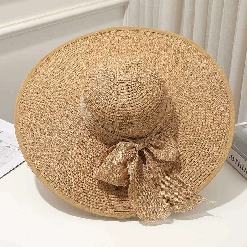 KIMLUD, 15CM Wide Brim Beach Straw Hats For Women Simple Foldable Summer Outing Sun Hat Fashion Flat Brom Bowknot Uv Protection Panama, KIMLUD Womens ClothesKIMLUD, 15CM Wide Brim Beach Straw Hats For Women Simple Foldable Summer Outing Sun Hat Fashion Flat Brom Bowknot Uv Protection Panama, Khaki, KIMLUD APPAREL - Womens Clothes