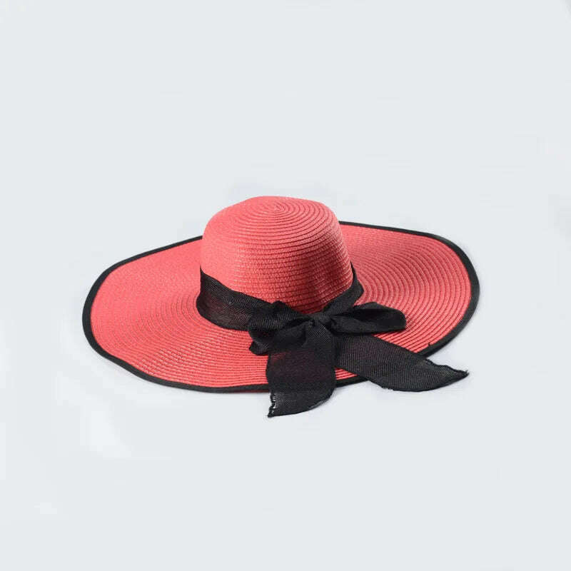 KIMLUD, 15CM Wide Brim Beach Straw Hats For Women Simple Foldable Summer Outing Sun Hat Fashion Flat Brom Bowknot Uv Protection Panama, KIMLUD Womens ClothesKIMLUD, 15CM Wide Brim Beach Straw Hats For Women Simple Foldable Summer Outing Sun Hat Fashion Flat Brom Bowknot Uv Protection Panama, Red -black, KIMLUD APPAREL - Womens Clothes