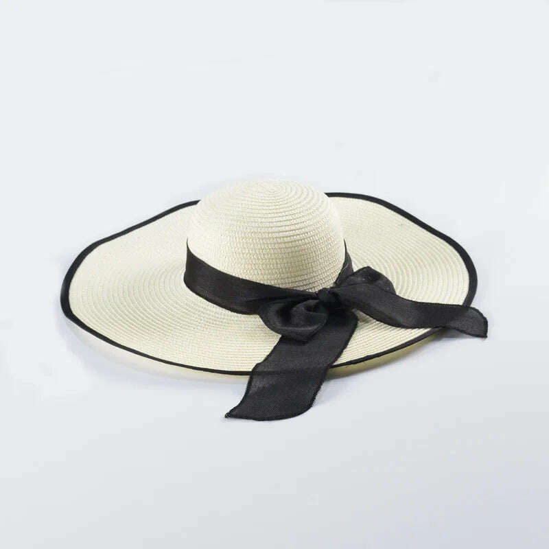 KIMLUD, 15CM Wide Brim Beach Straw Hats For Women Simple Foldable Summer Outing Sun Hat Fashion Flat Brom Bowknot Uv Protection Panama, KIMLUD Womens ClothesKIMLUD, 15CM Wide Brim Beach Straw Hats For Women Simple Foldable Summer Outing Sun Hat Fashion Flat Brom Bowknot Uv Protection Panama, White-black, KIMLUD APPAREL - Womens Clothes