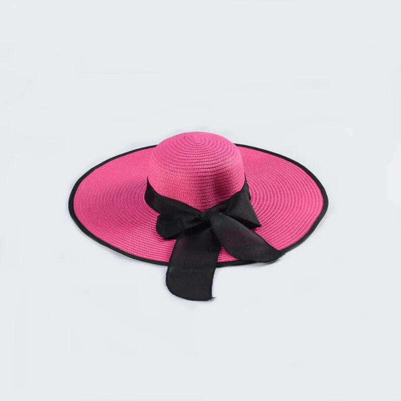KIMLUD, 15CM Wide Brim Beach Straw Hats For Women Simple Foldable Summer Outing Sun Hat Fashion Flat Brom Bowknot Uv Protection Panama, KIMLUD Womens ClothesKIMLUD, 15CM Wide Brim Beach Straw Hats For Women Simple Foldable Summer Outing Sun Hat Fashion Flat Brom Bowknot Uv Protection Panama, rose Red -black, KIMLUD APPAREL - Womens Clothes