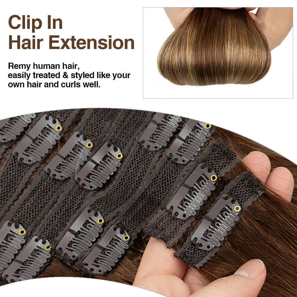 KIMLUD, 18 Clips in Hair Extensions 8pcs Human Hair Clip in Extensions 16-26 Inch Ombre Chocolate Brown Colored #4/27/4 In Huamn Hair, KIMLUD Womens Clothes