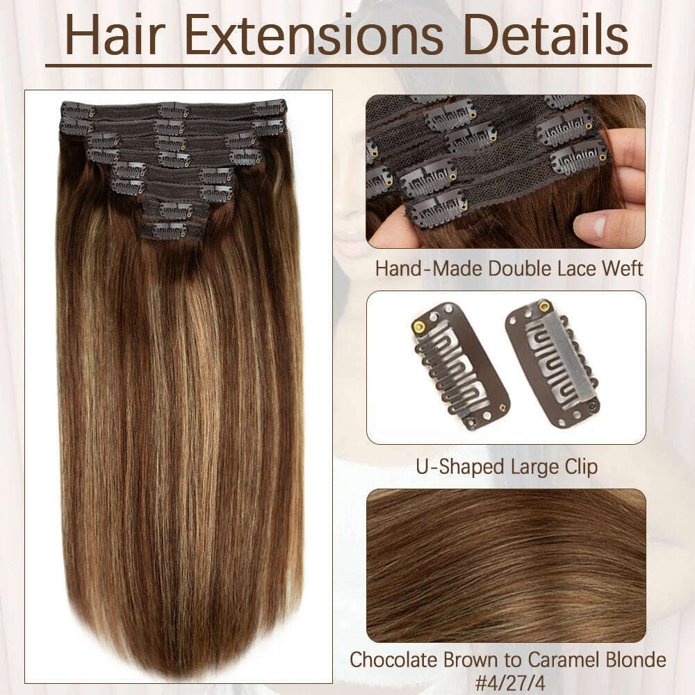 KIMLUD, 18 Clips in Hair Extensions 8pcs Human Hair Clip in Extensions 16-26 Inch Ombre Chocolate Brown Colored #4/27/4 In Huamn Hair, KIMLUD Womens Clothes
