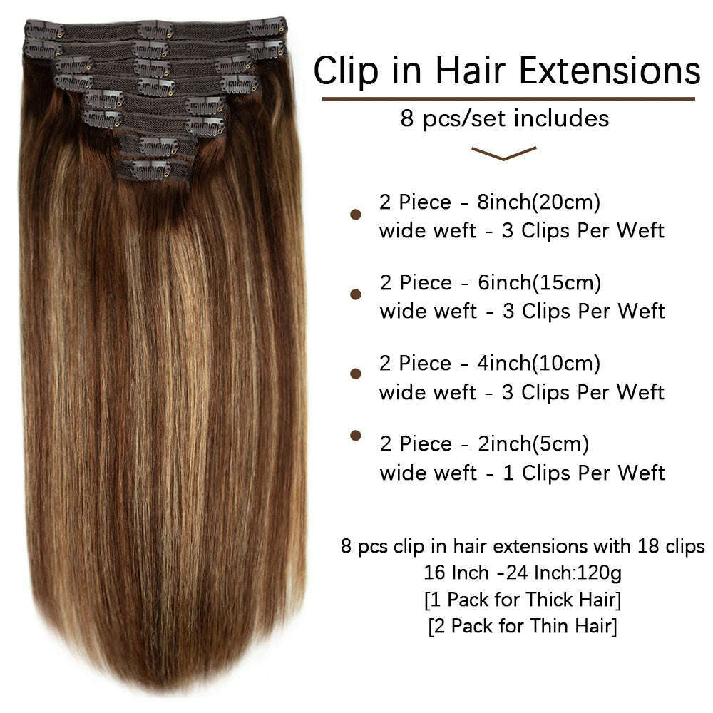 KIMLUD, 18 Clips in Hair Extensions 8pcs Human Hair Clip in Extensions 16-26 Inch Ombre Chocolate Brown Colored #4/27/4 In Huamn Hair, KIMLUD Womens Clothes