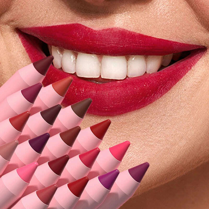 18-Colors Lipstick Pencil Waterproof Sexy Red Matte Contour Tint Lipstick Lasting Non-stick Cup Lipliner Pen Lip Makeup Cosmetic - KIMLUD