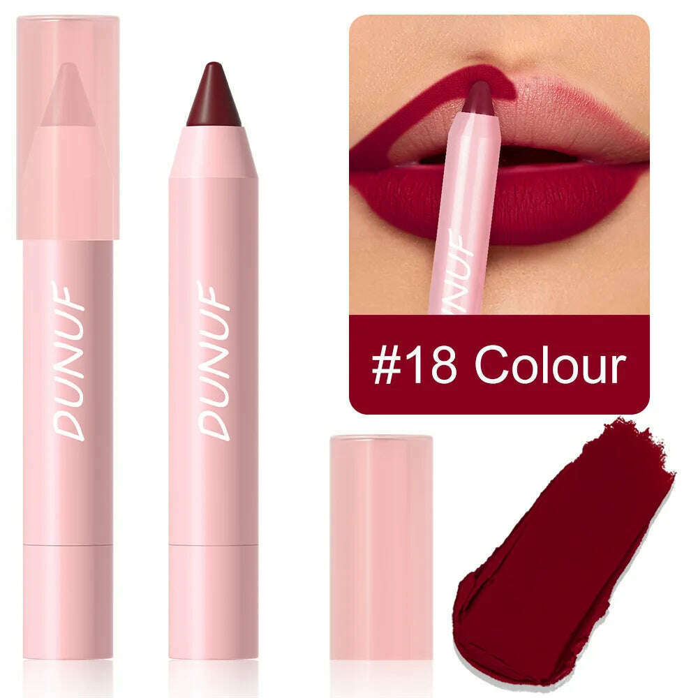 18-Colors Lipstick Pencil Waterproof Sexy Red Matte Contour Tint Lipstick Lasting Non-stick Cup Lipliner Pen Lip Makeup Cosmetic - KIMLUD