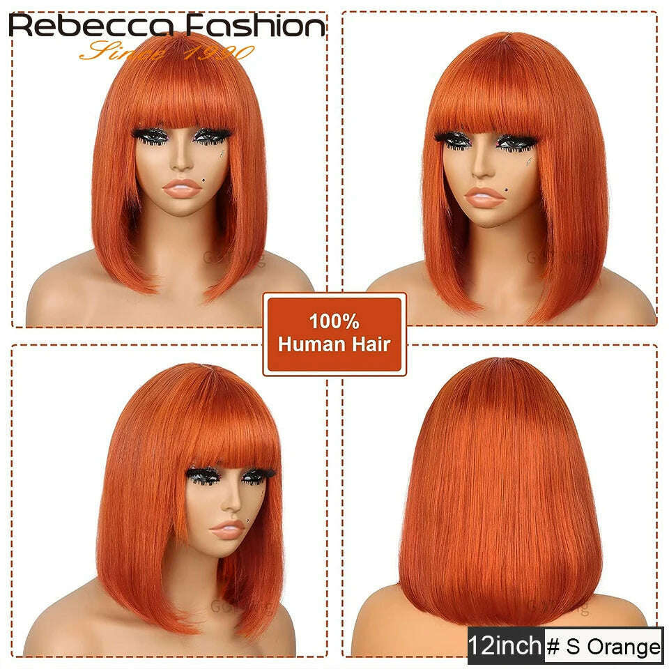 180D Orange/Ginger Colored Blonde Straight Human Hair Bob Wigs With Bangs Remy Full Machine Made for Women P4/30 613 99J T1B/27 - KIMLUD