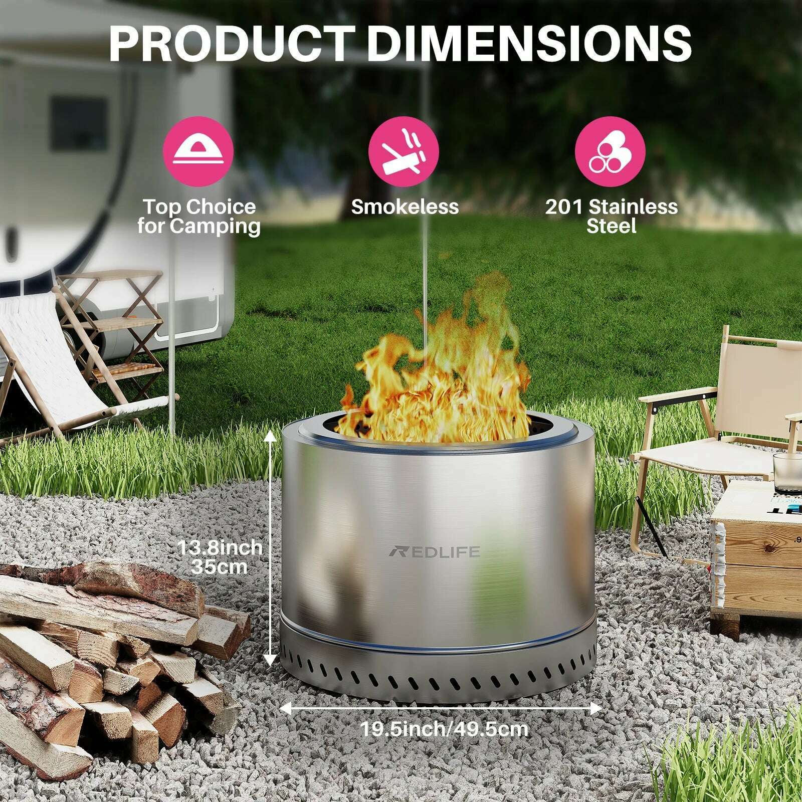 KIMLUD, 19.5'' Smokeless Fire Pit, Outdoor Stainless Steel Firepit with Carry Bag, Wood Burning Portable Fireplaces for Camping Bonfire, KIMLUD Womens Clothes