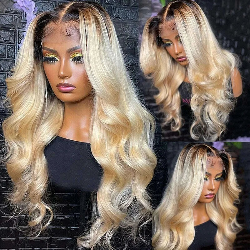 1B 613 Body Wave Human Hair Wig 13x6 Hd Lace Frontal Wig Brazilian 2 Tone Dark Root Ombre Blonde Lace Front Wigs For Black Women