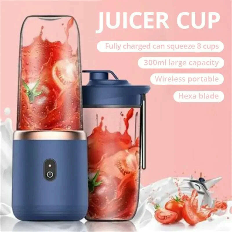 KIMLUD, 1pc Blue/Pink Portable Small Electric Juicer Stainless Steel Blade Cup Juicer Fruit Automatic Smoothie Blender Kitchen Tool, KIMLUD Womens Clothes