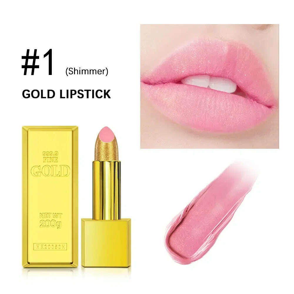 KIMLUD, 1PC Gold Glitter Lipstick Waterproof Pearlescent Glossy Sexy Shiny Red Lip Gloss for Moisturizing Lips Makeup Cosmetics 7 Colors, 01, KIMLUD APPAREL - Womens Clothes