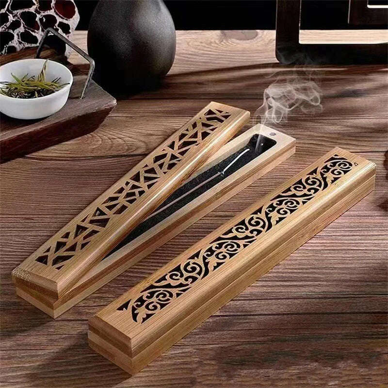 1pc Natural Bamboo Incense Burner With Laying Plate - Aromatherapy Wooden Box For Incense Storage And Burning - KIMLUD